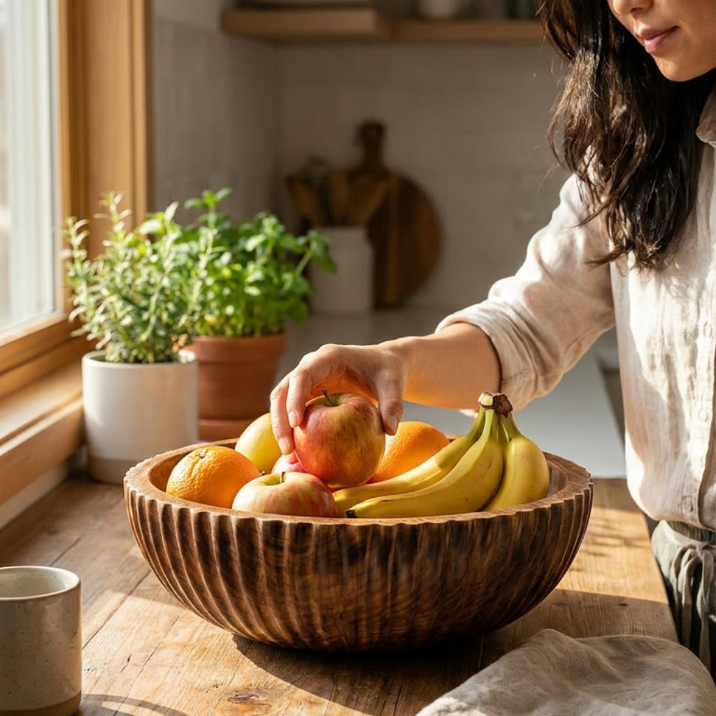 Amira Hand-Carved Wooden Serving Bowl