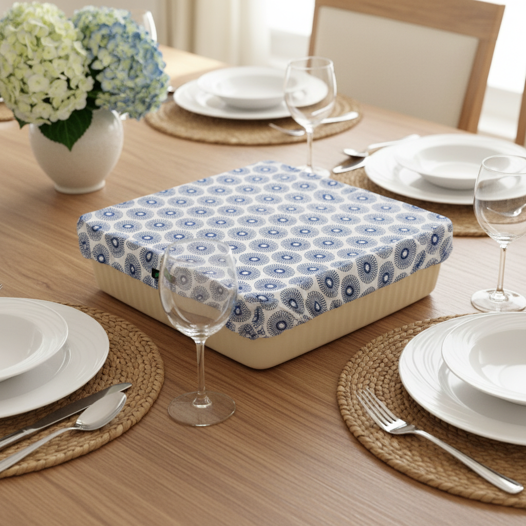 Food Cover Rectangular – Blue on White Dining Table