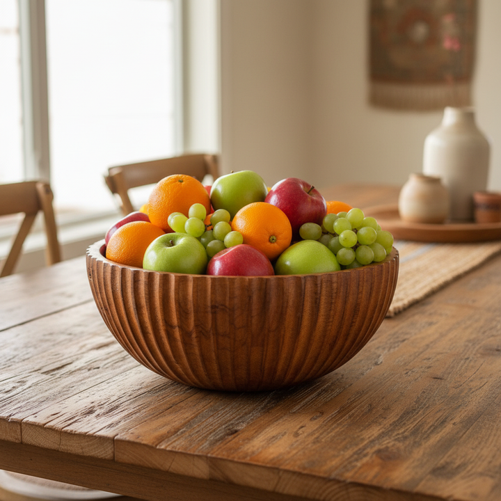 AMIRA WOODEN BOWL – 11 INCH functional lifestyle shot with fruit