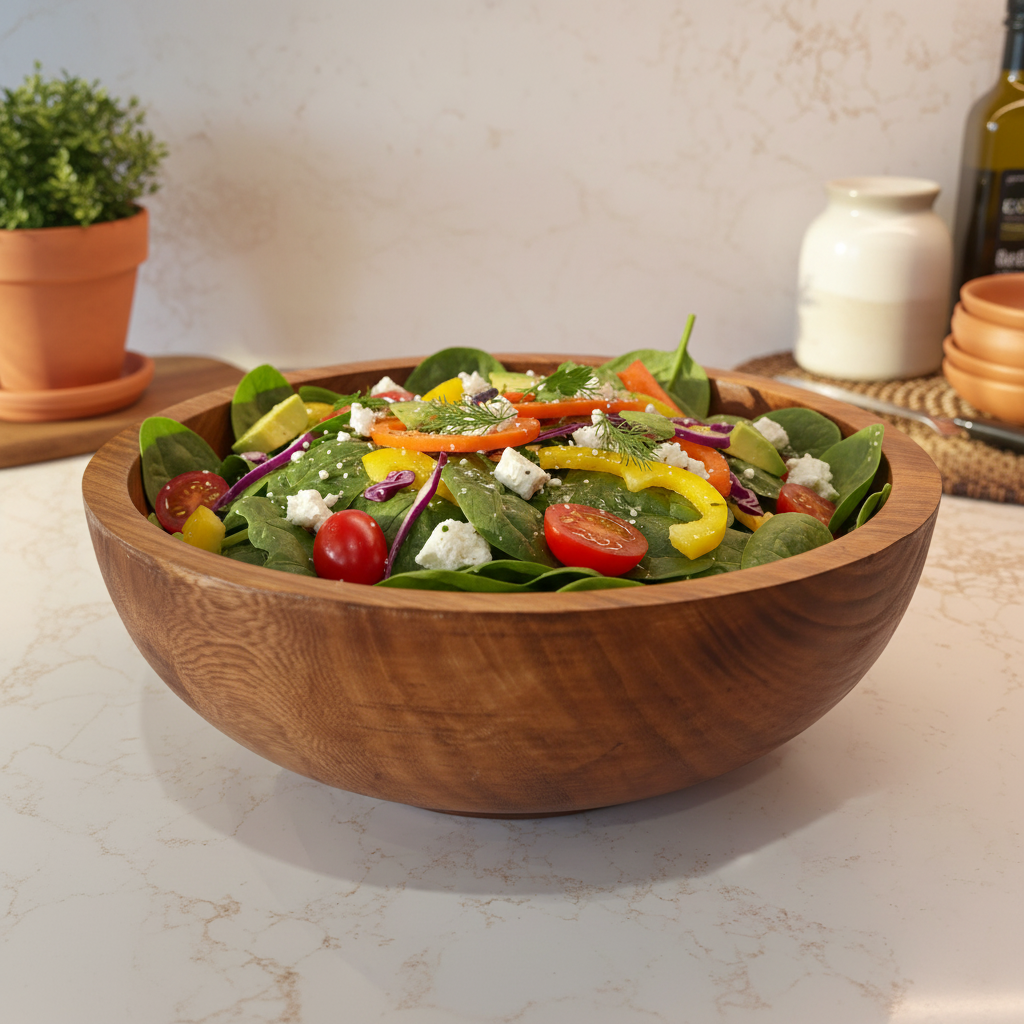 JIVU WOODEN BOWL – 11 INCH functional lifestyle shot with salad