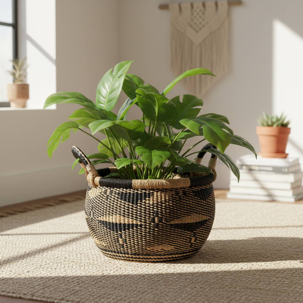 Gbenka Storage Basket – Medium – Chevron II used as plant pot holder
