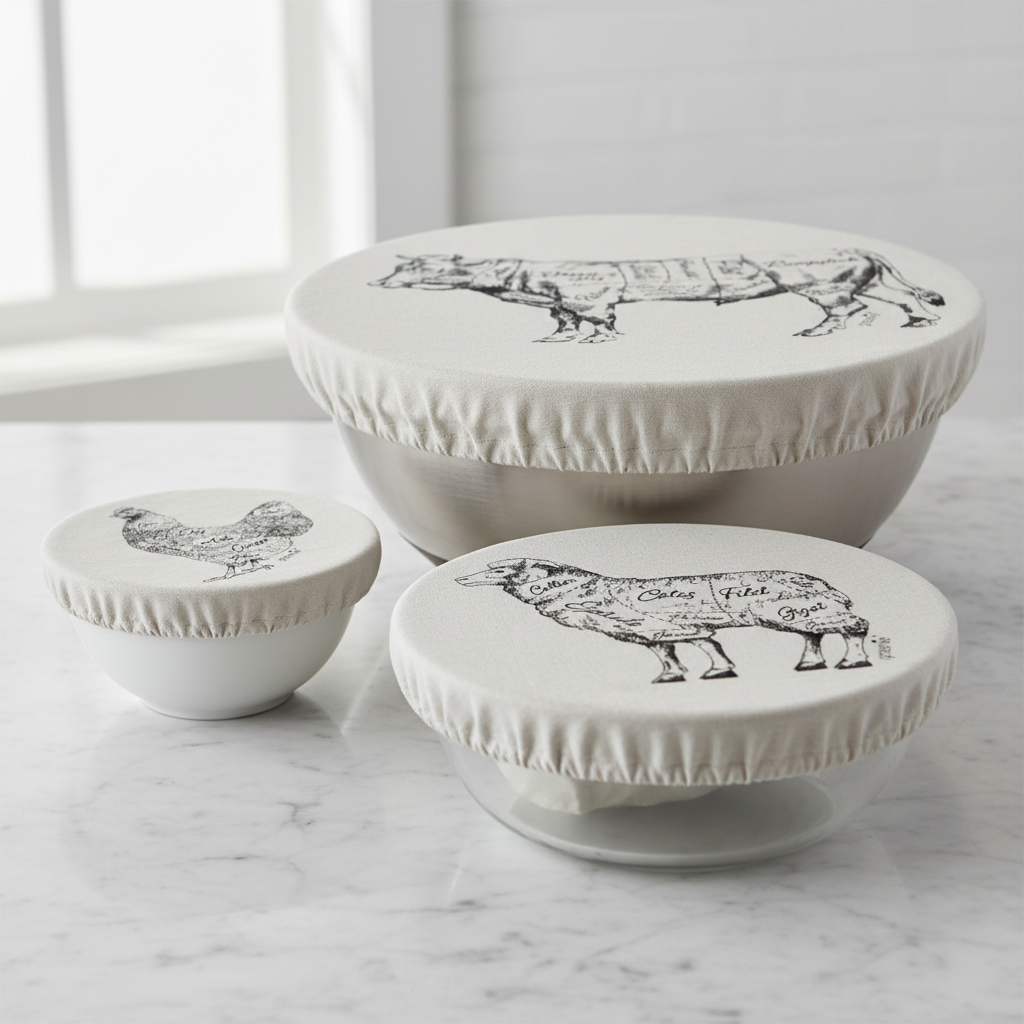 Nose to Tail food covers stretched over 3 round containers of different sizes