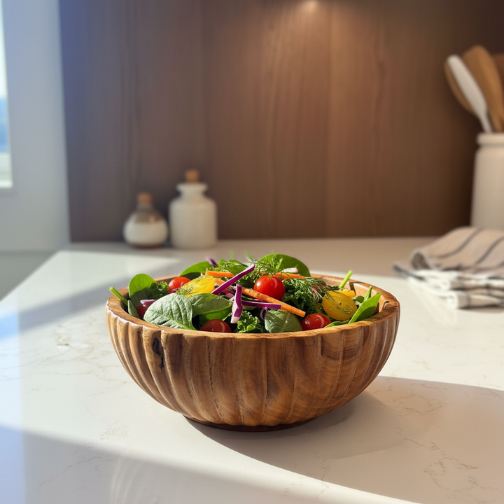 AMIRA WOODEN BOWL – 10 INCH functional lifestyle shot with salad