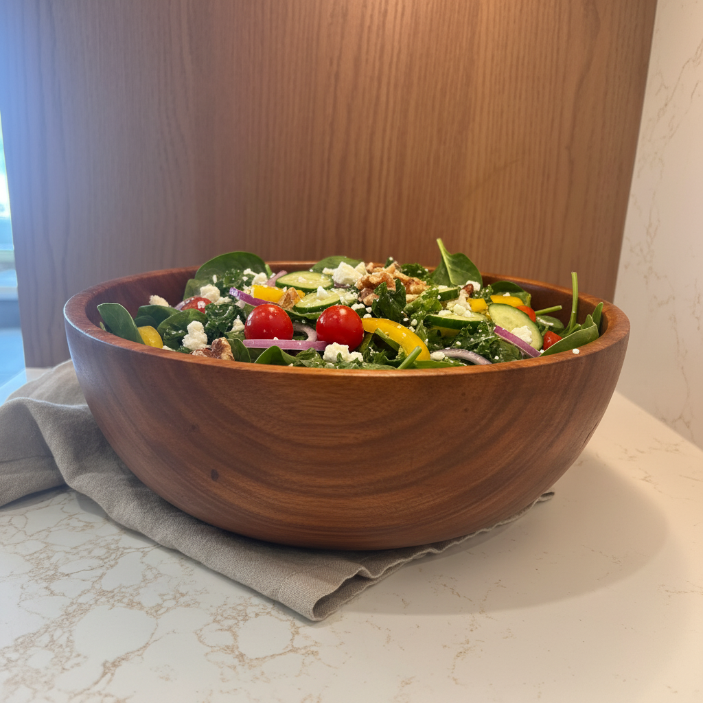 JIVU WOODEN BOWL – 12 INCH functional lifestyle shot with salad