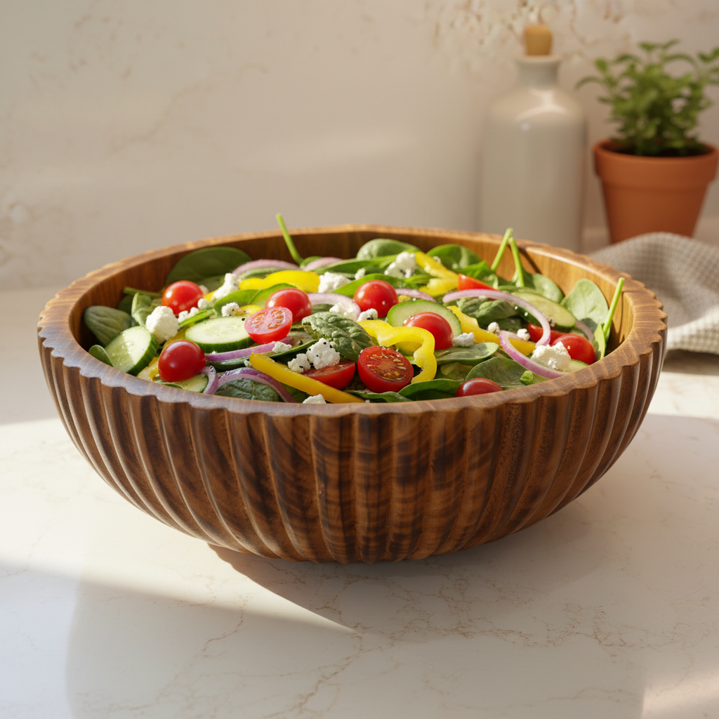 AMIRA WOODEN BOWL – 14 INCH functional lifestyle shot with salad