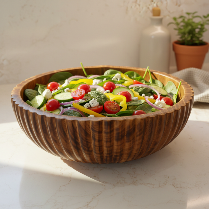 AMIRA WOODEN BOWL – 14 INCH functional lifestyle shot with salad