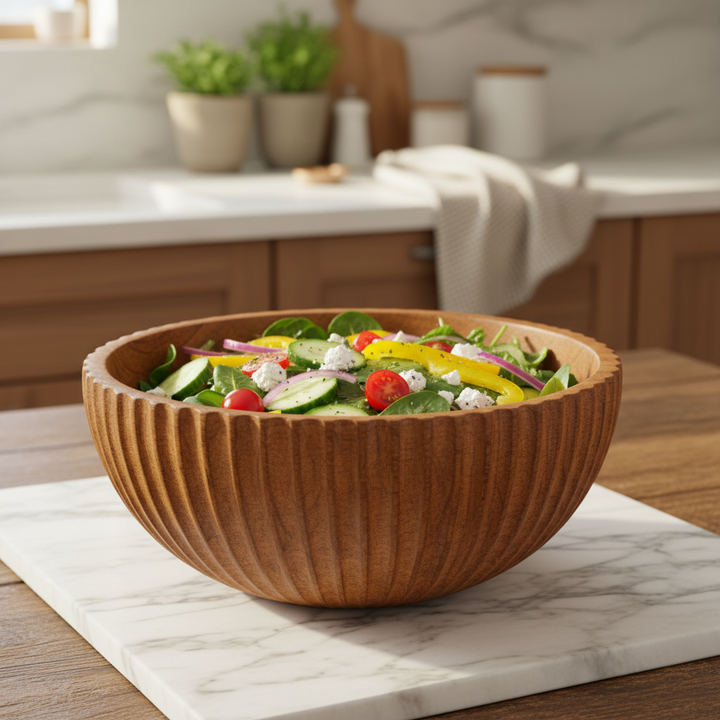 AMIRA WOODEN BOWL – 11 INCH functional lifestyle shot with salad