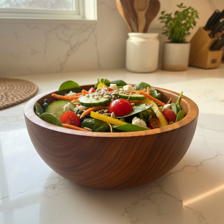 JIVU WOODEN BOWL – 10 INCH functional lifestyle shot with salad