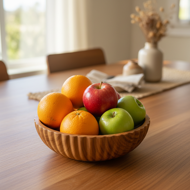 AMIRA WOODEN BOWL – 10 INCH functional lifestyle shot with fruit