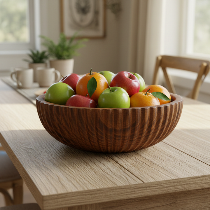 AMIRA WOODEN BOWL – 14 INCH functional lifestyle shot with fruit