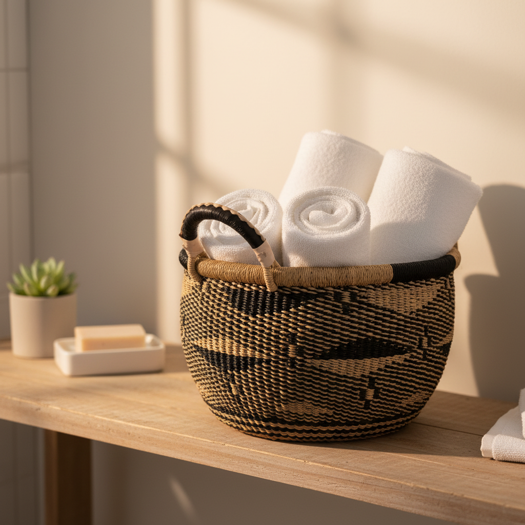 Gbenka Storage Basket – Medium – Chevron II used as bathroom towel organizer