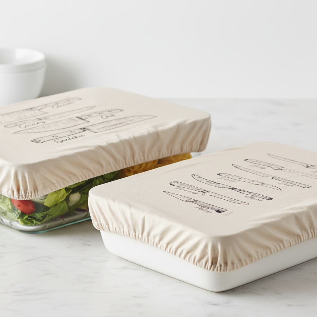 Slice & Dice covers stretched over rectangular glass container and bowl