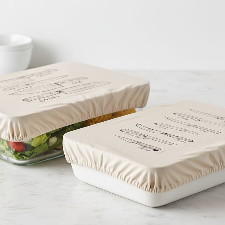 Slice & Dice covers stretched over rectangular glass container and bowl